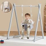FUNLIO Holzschaukel für Kleinkinder 6-36 Monate, faltbares Baby-Schaukel-Set mit langlebiger Kiefer, tragbare Kleinkinderschaukel mit 4 Sandsäcken, Kinderschaukel für drinnen/außen - Grau