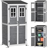 Outsunny Gartenschrank Holz, Geräteschuppen mit Abschließbar Tür 2 Fenstern Bodenplatte Asphalt-Pultdach Ablage 91x69x192cm, wetterfest Geräteschrank, Gerätehaus für Garten, Terrasse, Hellgrau