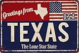 Texas Vintage Greetings Nummernschild, Metallschild, 20,3 x 30,5 cm, USA-Flagge und einsamer Stern, Wandkunst, Dekoration für Zuhause, Bar, Café, Garage, wetterfestes Metallschild