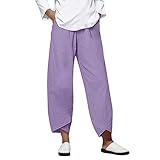 Freizeithose Damen Sommer Leicht, Jogginghose Damen High Waist, Leinenhose Lang Weites Bein Haremshose Einfarbig Stoffhose Mit Taschen Sommerhose Casual Palazzo Hose Bequeme Strandhose Sweatpants
