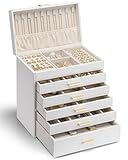 Vlando Schmuckkasten Schmuckschatulle Schmuckkästchen-Groß Schmuckbox-Damen, mit 6 Ebenen Schubladen aus Faux Leder für Ohrringe Ketten Schmuck Organizers Weiß
