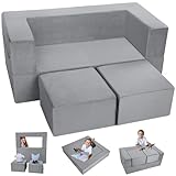 MeMoreCool Spielsofa, Schaumstoff Bausteine für Kinder, Kindercouch Kindersofa Ausklappbar, Schlafzimmermöbel, Modulare Mini Sofa für Spielzimmer, Softbausteine für Kuschelecke Kinderzimmer, Grau