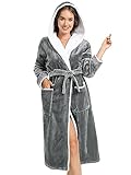 vislivin Bademantel Damen mit Kapuze Flauschig Bademantel Lang Warm Morgenmantel Fleece Robe Women Dark Grey M