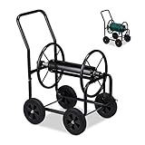 Relaxdays Schlauchwagen Metall, 4 Gummiräder, XL Schlauchtrommel, Kurbel, für 60m Schlauch, HBT 81 x 48 x 80 cm, schwarz
