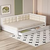LAKFEW Schlafsofa Holzbett 140x200 cm, Sofabett Doppelbett Polsterbett mit 2 Stauraum Schublade, Familienbett Tagesbett, Bettgestell mit Lattenrost, Weiß，(Ohne Matratze)