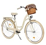 Damenfahrrad Citybike Komfort Mit Weidenkorb Vintage Fahrrad, 26, 28 Zoll, 1-Gang (Creme-Braun, 26 Zoll)