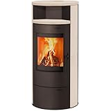 Kaminofen München V3 braun Speckstein Creme weiß beschichtet 7kw Speicherofen mit Steinverkleidung Panoramatür Holzofen Dauerbrand geeignet Schwedenofen 150mm Abgasstutzen selbstschließende Tür