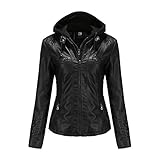 GITVIENAR Damen Lederjacke Kapuze Kunstleder Motorradjacke Bikerjacke Ladies Oberbekleidung mit Reißverschluss und Tasche (Schwarz, XXL)