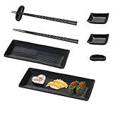 ARCPNRT Sushi Platte mit Dipschalen, Sushi Geschirr mit Stäbchen, Japanese Sushi Teller, Asiatisches Geschirr Set, mit 2 Paar Essstäbchen, 2 Essstäbchenablagen, 2 Teller, 2 Dipteller, Schwarz