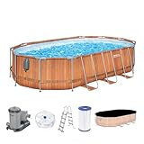 Bestway Steel Pro MAX Comfort Jet Series Frame Pool Set, 610 x 366 x 122 cm, Holz-Optik, 20.241 L, TriTech-Material, Comfort Jet-Düsen, Filterpumpe, Antihaftbeschichtung, Sicherheitsleiter, LED-Licht