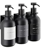 Spender zur Wandmontage mit Edelstahlpumpe, 473 ml, 3er-Set mit Halterungen, 24 wasserdichten Etiketten und 8 Aufklebern für Shampoo, Duschgel und Spülung (mattschwarze Flasche/schwarze Pumpe)