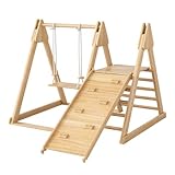 OCACA Rutsche und Schaukel für Kinder, Holzspielzeug für Kinder. Aus massiver Kiefer, Sperrholz. 3 in 1 Kinderspielzeug mit Klettergerüst, Schaukel, Rutsche, Kombispielzeug für drinnen.