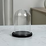 Belle Vous Glasglocke Deko mit Schwarzem Holzsockel - 9,7 cm Hoch - Klare Dekorative Glocke aus Glas mit Tablett für Lichterketten, Tafelschmuck und Antiquitäten