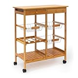 Küchenrollwagen aus Bambus mit 3 Entnehmbaren Metallkörben, Servierwagen mit Weinregal für 3 Flaschen, Rollwagen mit Schubladen für Stauraum, Mobiler Beistellwagen für Küche, Esszimmer und Balkon
