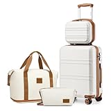 KONO Reisekoffer Set Gepäcksets 4 Teilig Kofferset, 55cm Handgepäck mit Beautycase Kosmetikkoffe mit handgepäck Reisetasche mit Kulturbeutel (Creme Weiß)