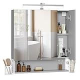 VASAGLE Badezimmerschrank mit LED-Beleuchtung, 16,5 x 70 x 75 cm, Steckdosen, Hängekorb, Haartrockner-Halter, Spiegelschrank, Badschrank, Wandschrank, für Badezimmer, wolkenweiß-Taubengrau BBK126G01