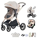 BEBBY 3-in-1 Kinderwagen KombiKinderwagen-Set 2-in-1 Buggy faltbar Luxus Hochlandschaft Neugeborenes Tragbarer Zusammenklappbarer Kinderwagen Travel System (D2-RICEWHITE, H2-D)