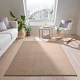 Teppich Kurzflor waschbar sehr weich für Wohnzimmer Esszimmer und Kinderzimmer Flachflor Uni Einfarbig beige 80x150 cm