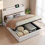 Polsterbett 160x200 cm, Doppelbettrahmen mit 2 USB-A und Typ-C Ladefunktion, Hydraulisches Stauraumbett mit Stauraum und Lattenrost, Leinen Funktionsbett Bettgestell 140x200, ohne Matratze, Beige