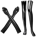 Lackleder Handschuhe Lackleder Strümpfe Elastische, Schwarz Handschuhe Glänzend Halterlose Strümpfe Leder, Lange Handschuhes Leder Overknees Strümpfes Damen für Halloween Kostüme Cosplay Party
