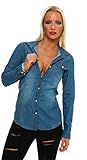 Fashion4Young 11051 Langarm Damen Jeans Bluse Hemdbluse Damenbluse Jeanshemd Jeansbluse (L=40, blau)
