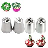 GUDEKIKL Sahne-Tüllen mit Weihnachtsmuster, Edelstahl, für Creme, Zuckerguss, Spritztüllen, Schneeflocke, Weihnachtsbaum, Kuchen, Dekoration, Backwerkzeug, 4 Stück