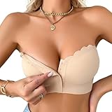Damen Trägerloser BH mit transparenten Trägern Front Buckle Push Up BH Nahtloser Bandeau BH mit Rutschfestem Innenfutter Tube Top(D474SJ,Beige,XL)
