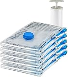 Amazon Basics Vakuumbeutel für Kleidung mit Luftdichtem Ventil und Handpumpe - Mittelgroß, 5er-Pack, Reißverschluss, Durchsichtig