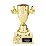 eberin · Big Smiley Pokal · Funnypokal · lustiger Spaß Cup · Wanderpokal · Kelchpokal in Smileyform · Gute Laune Pokal mit Wunschgravur · stabiler Kunststoffpokal gold · Größe 16,5 cm