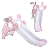 YOLEO Rutsche, Kinder Fun-Slide mit Basketballkorb, Faltbar Kinderrutsche, Gartenrutsche Kleinkinderrutsche für 1-3 Jahre, Indoor & Outdoor Rutschbahn mit Rutschauslauf Rosa