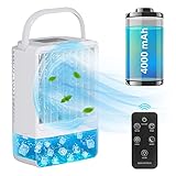 Mobile Klimaanlage Mini Luftkühler, Air Cooler Klimagerät mit 4000mAh Eingebauter Akku, 450ml Wassertank, Sprühfunktion, Nachtlicht, 2/4 Timer Weiß Persönlich Ventilator mit Fernbedienung