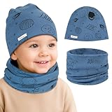 Kiiwah Kinder Beanie Mütze und Loop Schal Set, Baumwolle Schlauchschal Warme Strickmützen Set Mädchen Jungen für Baby Herbst Winter Frühling (Blau, L)