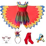 BuzzoXere Papagei Kostüm Kinder, Papagei Kleid Kinder Mädchen, Papagei Vogel Kostüm Mädchen mit Kleid mit Flügel, Gesichtsaufkleber, Einteilige Socken, Haarband für Karneval Party (M (5-7 Jahre))
