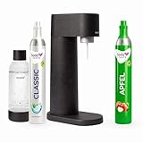 Sparpaket: Mysoda Woody - Wassersprudler aus erneuerbarem Holzkomposit mit 1L BPA-freier Plastikflasche, CO2-Zylinder Classic + CO2-Zylinder Apfel (Schwarz)