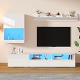Wandmontiertes TV Fell Set 175x39x34cm mit TV Ständer Bodenregal & Wandregal Wohnzimmer Fell mit LED Beleuchtung Modern Weiß Design