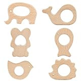 Aoliandatong 6 Stück Holzfiguren Holz Tiere Kinder Beißring,Natrlich Baby Holztiere Beißring, Greifling Holzbeissring Wooden Teether für Kleinkinder