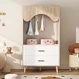 ZKLOEP Kinderkleiderschrank, Kleiderschrank mit Kleiderstange, mit Schubladen, offener Kleiderschrank, Vollholzgriffen, aus Spanplatte, weiß+natürliches Holz,80×46×141.5cm