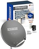 SCHWAIGER Satellitenschüssel Komplettset - Ø 80 cm Stahl Offset Antenne in Anthrazit - Inkl. sonnengeschütztes Quad LNB 4-Fach - Digital HD & 4K Empfang - Integrierte Kabelführung & wetterfest