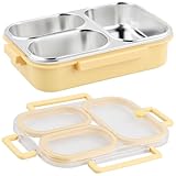 Daelesr Brotdose Edelstahl 1000ml mit 3 Fächern, Bento Lunchbox Erwachsene Auslaufsicher, Brotbox Vesperdose Kinder, Frühstücksbox Jausenbox Butterbrotdose für Mädchen Jungen Schule (Gelb)