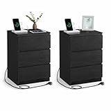VASAGLE Kailyn Collection - Nachttisch mit Steckdosenleiste, 2er Set, Beistelltisch, 3 Schubladen, 2 AC-Steckdosen, 2 USB-A-Anschlüsse, modern, ebenholzschwarz LET831B56