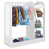 COSTWAY Kindergarderobe mit Spiegel, Prinzen Prinzessin Kleiderständer mit Kleiderbügel und 4 Ablagen, Kinder Kleiderschrank aus Holz, 93,5 x 38 x 100 cm (Weiß)