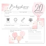 cozy racoon 20 Hochwertige Babyshower Karten zum Ausfüllen - für Jungen und Mädchen I Spiel für die Babyparty I Persönliches Geschenk für Schwangere - Design Rosa