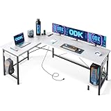 ODK Gaming Tisch mit Steckdosen und USB-Ladeanschluss, Gaming Schreibtisch mit CPU-Ständer, Eckschreibtisch L Form für das Heimbüro, Weiß, 168×120cm