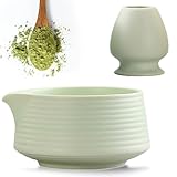 VEGOATY 2-Teilige Japanische Matcha-Schale mit Ausgießer, Chawan Matcha-Teeschale mit Schneebesenablage, Traditionelle Matcha-Keramikschale Matcha-Schale Chawan Teeschalen Keramik-MatchaSchale (Grün)