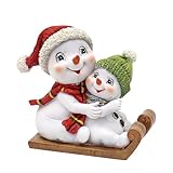 Dekohelden24 Schneekinderpaar - Schneemänner mit Mütze und Schal in rot-grün auf Schlitten, L/B/H 14 x 7 x 12 cm