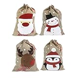 Hooin Weihnachtstüten, mittelgroß (35 x 50 cm), 4 Geschenktüten mit Kordelzug für Weihnachtsleckereien, 4 Modelle Santa Snowman Rentier Pinguin