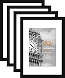HoziRes Bilderrahmen A2 Holz Fotorahmen mit Passepartout in Schwarz, 4er Set Fotorahmen für Tischplatte und Wandmontage, 42 x 59 cm Posterrahmen zum Bedrucken
