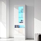 soges LED-Beleuchteter Vitrinenschrank Weiß Hochglanz mit Glastüren 50x40x180 cm, Multifunktionaler Aufbewahrungsschrank für Wohnzimmer