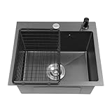 JDBDU Spülbecken Schwarz 40x45cm, Edelstahl Waschbecken Küche 1 Becken Klein Küche Spülbecken Mit Seifenspender Und Schmutzfänger, Einbau Spüle Küche für Familie, Restaurant, Waschraum, Keller