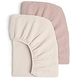 2er Set Kinder Spannbettlaken, Musselin-Baumwolle Spannbetttuch für Babybett und Kinderbett 60x120cm / 70x140cm Reisebett Spannlaken Beistellbett Leintücher (Creme Sand)
